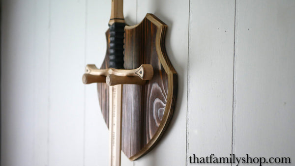 Wooden Shield Sword Hanger, Wall Display Plaque