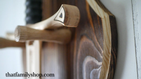 Wooden Shield Sword Hanger, Wall Display Plaque