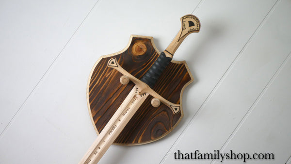 Wooden Shield Sword Hanger, Wall Display Plaque