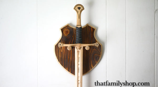 Wooden Shield Sword Hanger, Wall Display Plaque