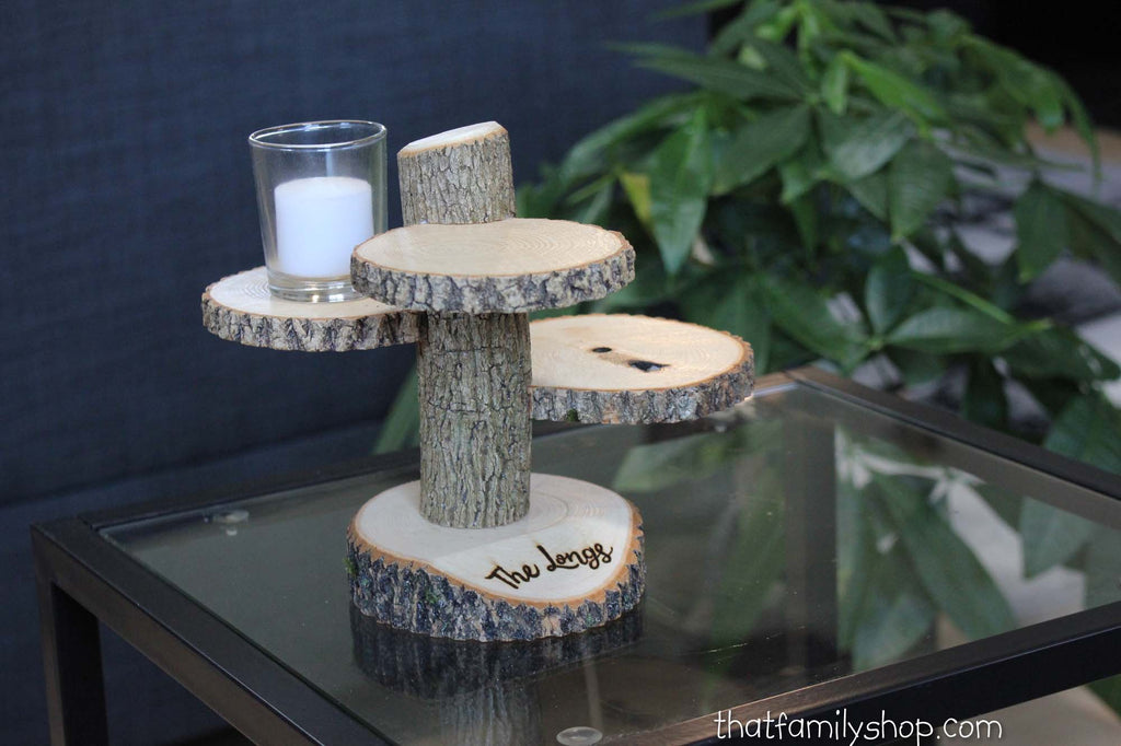 Custom Names Rustic Wedding Log 3 Tiered Stand With Personalized / Customizable Base Wedding Table Centerpiece-thatfamilyshop.com