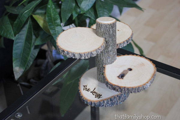 Custom Names Rustic Wedding Log 3 Tiered Stand With Personalized / Customizable Base Wedding Table Centerpiece-thatfamilyshop.com