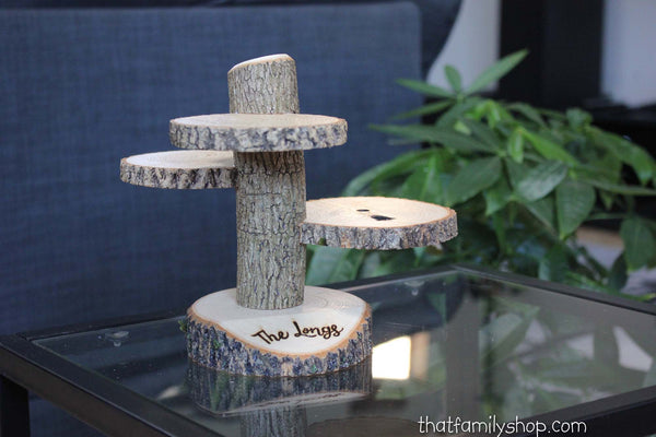 Custom Names Rustic Wedding Log 3 Tiered Stand With Personalized / Customizable Base Wedding Table Centerpiece-thatfamilyshop.com
