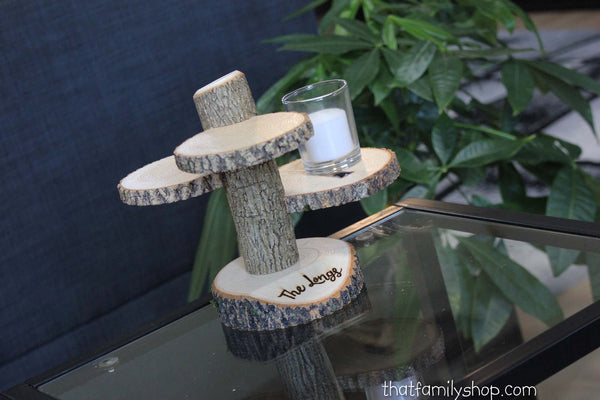 Custom Names Rustic Wedding Log 3 Tiered Stand With Personalized / Customizable Base Wedding Table Centerpiece-thatfamilyshop.com