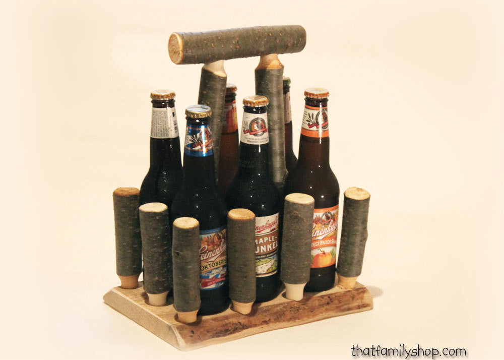 Log Beer Caddy Tote Unique Serving Gift Idea, Wooden Craft Brew Holder for Groomsman, Party Favor, Rustic Anniversary Present-thatfamilyshop.com