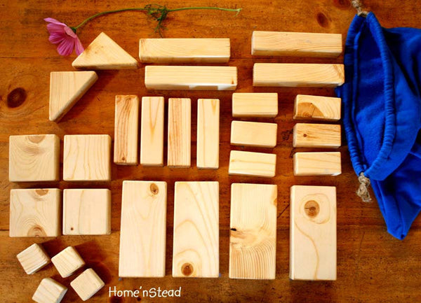 Building Block Set Kids Natural Toys Wooden 28 piece Set with Carrying Bag-thatfamilyshop.com