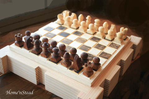 Chess Set Hand Turned Wooden Pieces Rustic Burned Board King Queen-thatfamilyshop.com