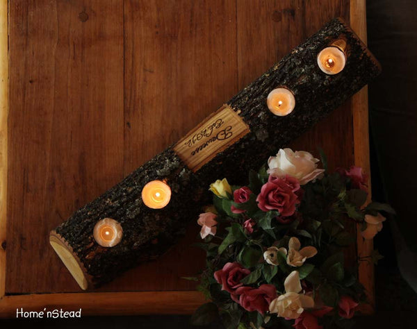 Rustic Log Holder Custom Names Centerpiece 20 Inch 4 Candle Rustic Wedding Cabin Decor Table Piece Slab Ash Wood-thatfamilyshop.com