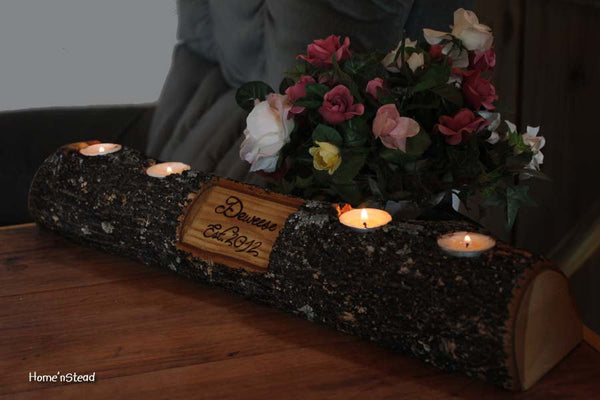 Rustic Log Holder Custom Names Centerpiece 20 Inch 4 Candle Rustic Wedding Cabin Decor Table Piece Slab Ash Wood-thatfamilyshop.com