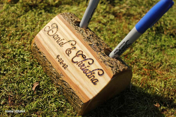 Log Guest Book Pen Holder with Custom Names or Initials, Table Decor, Desk Organizer-thatfamilyshop.com