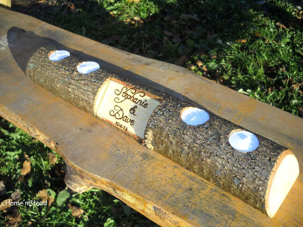 Rustic Log Holder Custom Names Centerpiece 20 Inch 4 Candle Rustic Wedding Cabin Decor Table Piece Slab Ash Wood-thatfamilyshop.com