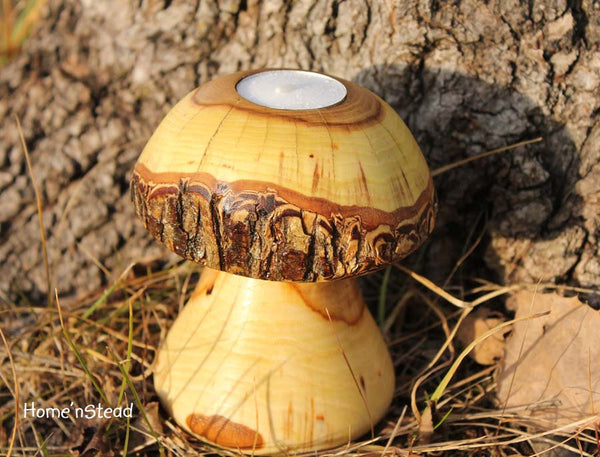 Log Mushroom Candle Rustic Holiday Table Decor Tea Light Holder Natural Waldorf-thatfamilyshop.com