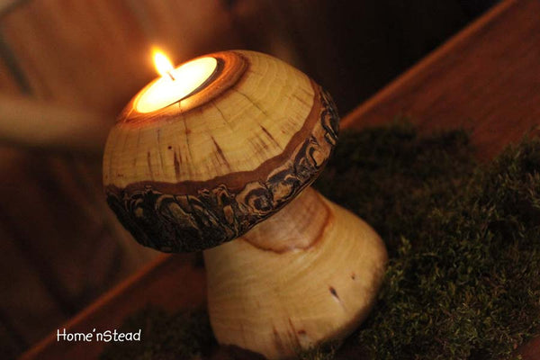 Log Mushroom Candle Rustic Holiday Table Decor Tea Light Holder Natural Waldorf-thatfamilyshop.com