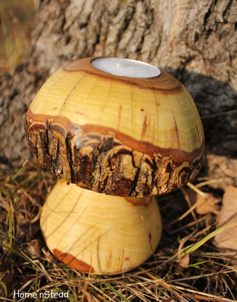 Log Mushroom Candle Rustic Holiday Table Decor Tea Light Holder Natural Waldorf-thatfamilyshop.com