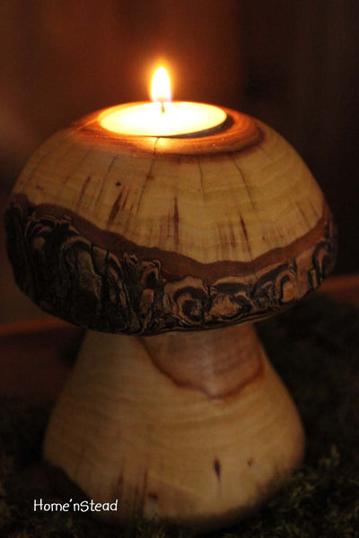 Log Mushroom Candle Rustic Holiday Table Decor Tea Light Holder Natural Waldorf-thatfamilyshop.com