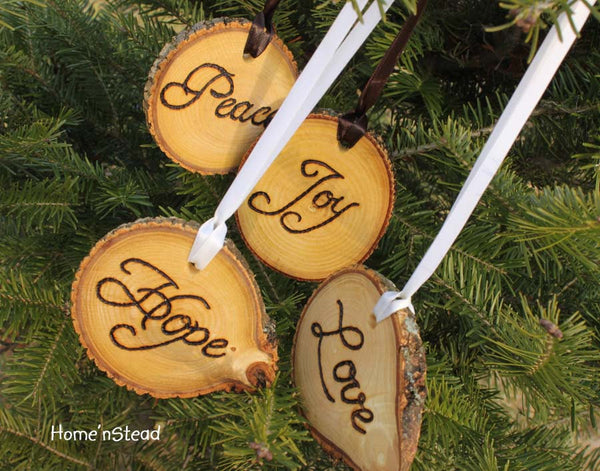 Rustic Country Christmas Ornament Set of 4 Hope, Love, Peace, Joy Primitive Holiday Home Decor Tree-thatfamilyshop.com