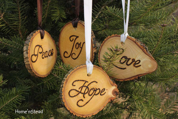 Rustic Country Christmas Ornament Set of 4 Hope, Love, Peace, Joy Primitive Holiday Home Decor Tree-thatfamilyshop.com