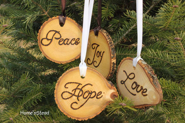Rustic Country Christmas Ornament Set of 4 Hope, Love, Peace, Joy Primitive Holiday Home Decor Tree-thatfamilyshop.com