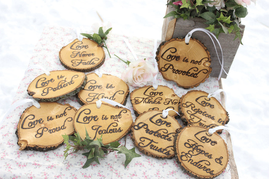 Love is Patient, Love is Kind Set of Ten 1.Cor.13: Rustic Wedding Aisle Decorations Bible Scripture-thatfamilyshop.com