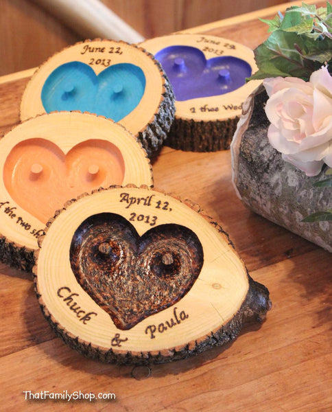 CHOOSE YOUR OWN Color and Lettering Rustic Wedding Ring "Pillow" Log Ring Dish Engraved Heart-thatfamilyshop.com