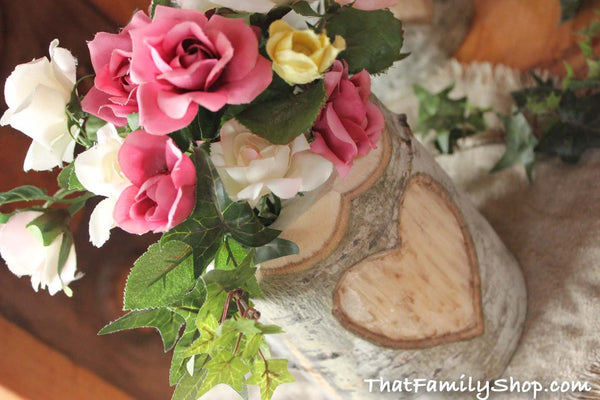 Rustic Wedding Log Flower Vase With YOUR Names/date Personalized into Debarked Hearts-thatfamilyshop.com