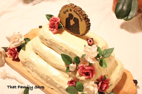 Woodburned Silhouette Wedding Cake Topper Custom Names Date Rustic-thatfamilyshop.com