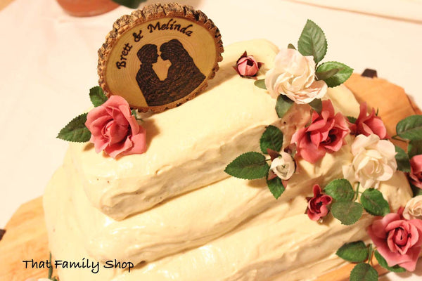 Woodburned Silhouette Wedding Cake Topper Custom Names Date Rustic-thatfamilyshop.com