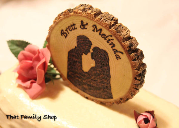 Woodburned Silhouette Wedding Cake Topper Custom Names Date Rustic-thatfamilyshop.com