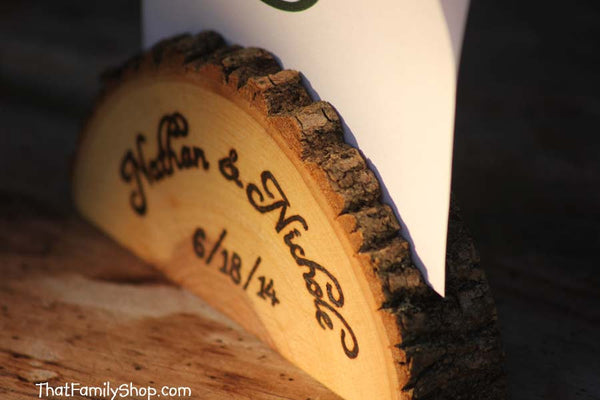 Personalized Card Holder Rustic Wedding Favor Custom Names /Initals /Date /Lettering Memory Picture Stand-thatfamilyshop.com