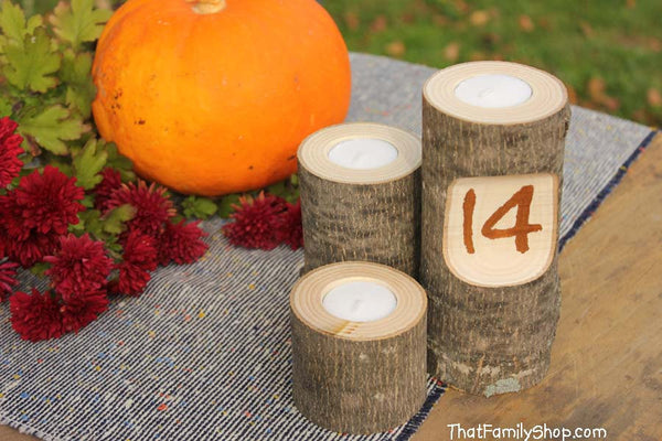 Table Number Log Candles Rustic Wedding / Cabin Decor Table Center Piece Primitive Home-thatfamilyshop.com