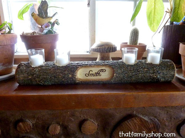 Mantel Decor Name Log Holder Rustic Custom Centerpiece-thatfamilyshop.com