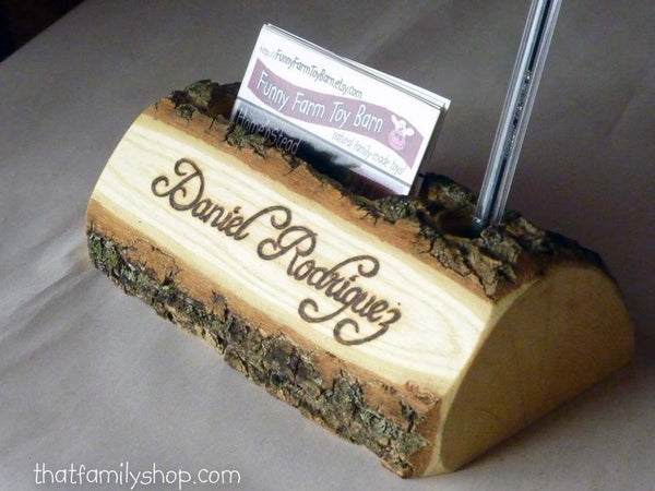 Rustic Business Card and Pen Holder with Custom Names, Initials, Personalized Office Desk Decor-thatfamilyshop.com
