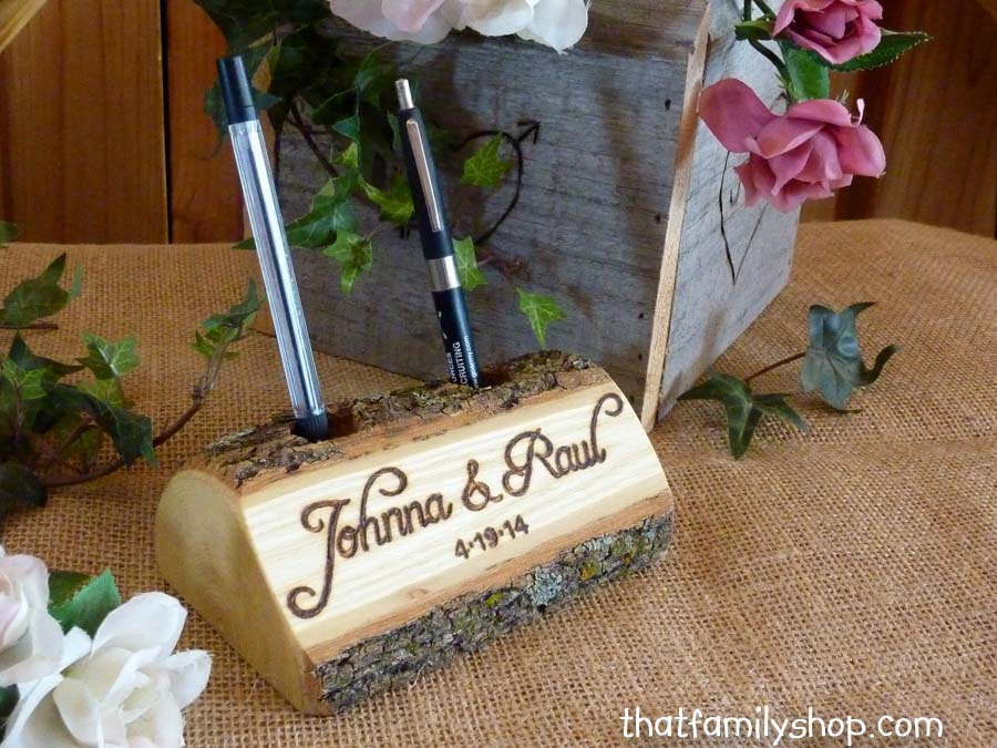 Log Guest Book Pen Holder with Custom Names or Initials, Table Decor, Desk Organizer-thatfamilyshop.com