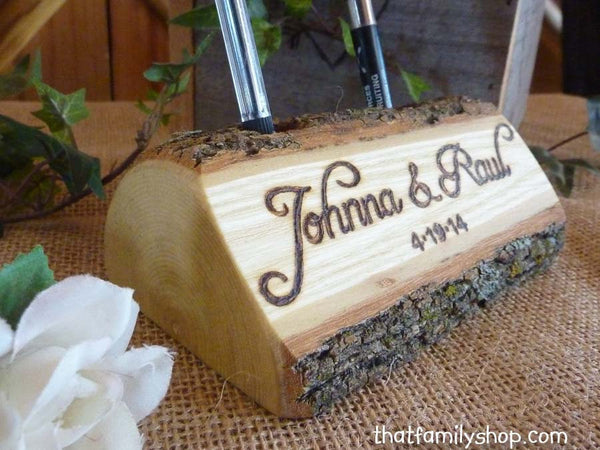 Log Guest Book Pen Holder with Custom Names or Initials, Table Decor, Desk Organizer-thatfamilyshop.com