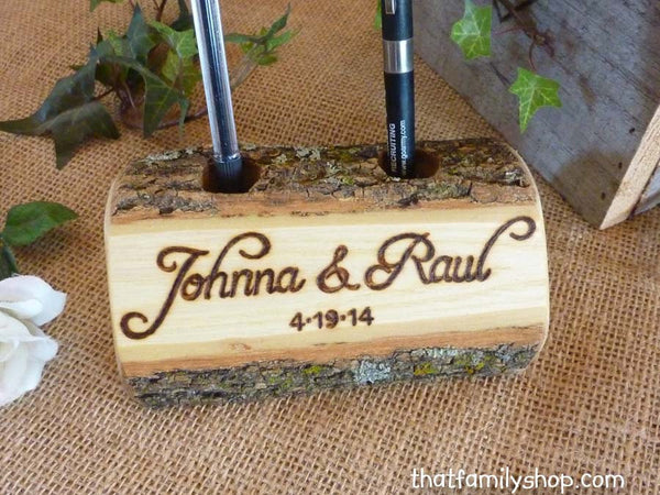 Log Guest Book Pen Holder with Custom Names or Initials, Table Decor, Desk Organizer-thatfamilyshop.com