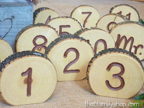 Engraved Table Number Log Slices, Rustic Wood Bark Country Wedding Decor-thatfamilyshop.com