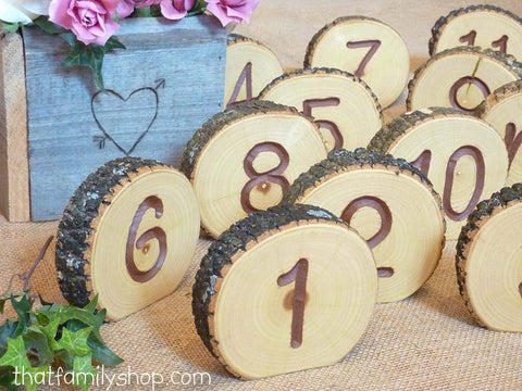 Engraved Table Number Log Slices, Rustic Wood Bark Country Wedding Decor-thatfamilyshop.com