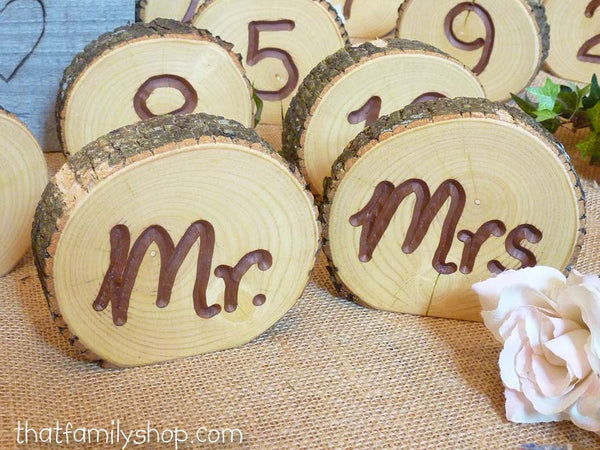 Engraved Table Number Log Slices, Rustic Wood Bark Country Wedding Decor-thatfamilyshop.com