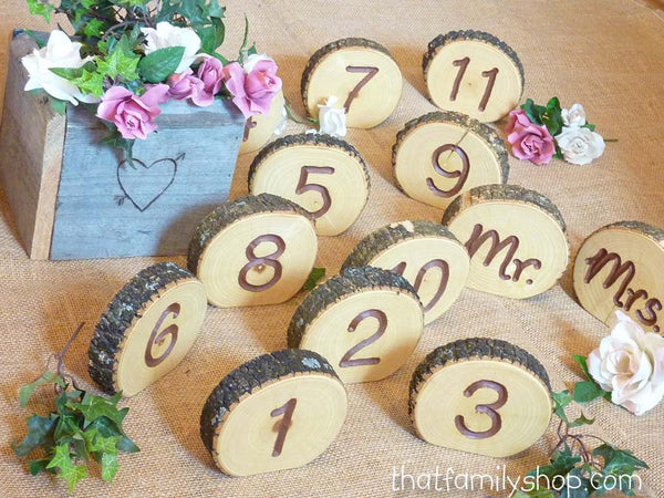 Engraved Table Number Log Slices, Rustic Wood Bark Country Wedding Decor-thatfamilyshop.com