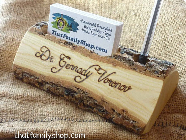 Rustic Business Card and Pen Holder with Custom Names, Initials, Personalized Office Desk Decor-thatfamilyshop.com