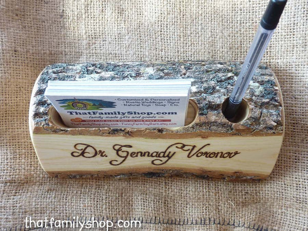 Rustic Business Card and Pen Holder with Custom Names, Initials, Personalized Office Desk Decor-thatfamilyshop.com