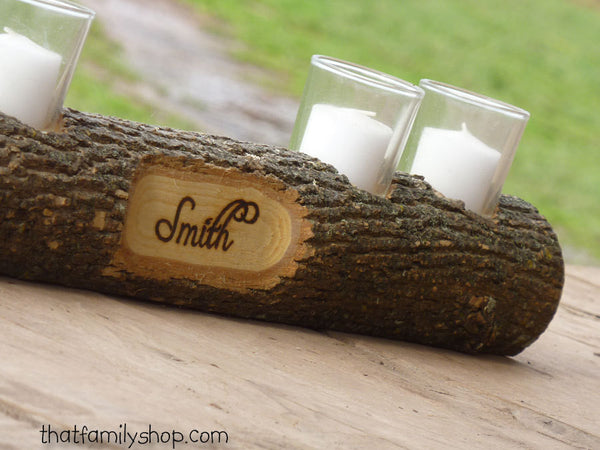 Mantel Decor Name Log Holder Rustic Custom Centerpiece-thatfamilyshop.com