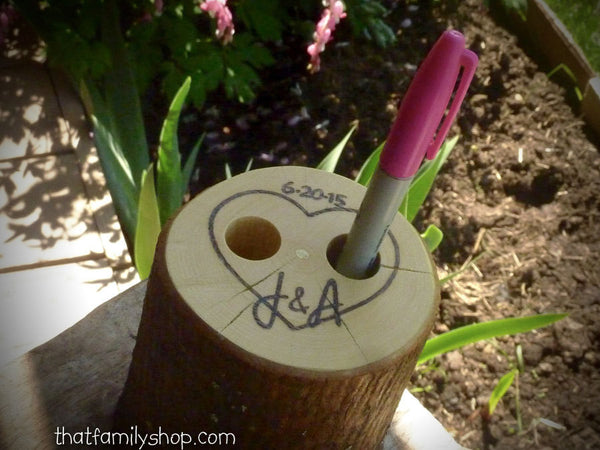 Rustic Wedding Guest Book Pen Holder Table Center Piece Heart Custom Initials-thatfamilyshop.com