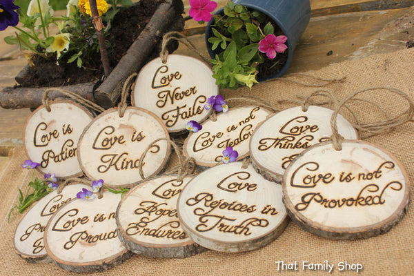 Set of TEN Corinthians Decorations 'Love is Patient, Love is Kind', 1.Cor.13: Rustic Wedding Aisle-thatfamilyshop.com