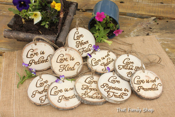 Set of TEN Corinthians Decorations 'Love is Patient, Love is Kind', 1.Cor.13: Rustic Wedding Aisle-thatfamilyshop.com