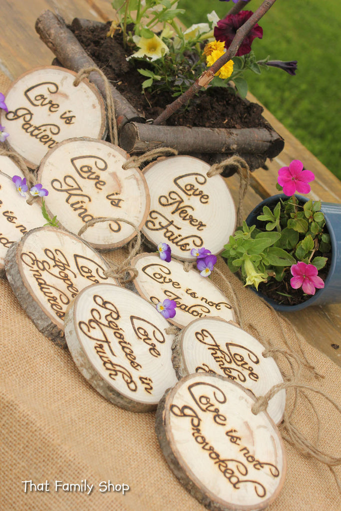 Set of TEN Corinthians Decorations 'Love is Patient, Love is Kind', 1.Cor.13: Rustic Wedding Aisle-thatfamilyshop.com