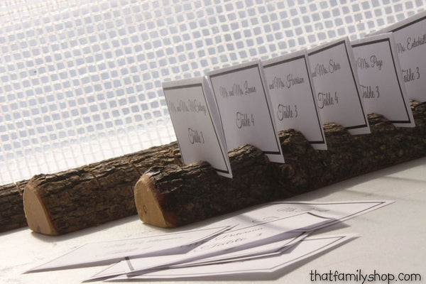 Half-Round Log Card Holder with Rough Bark Table Setting Rustic Wedding Display-thatfamilyshop.com