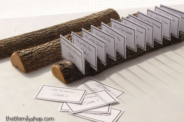 Half-Round Log Card Holder with Rough Bark Table Setting Rustic Wedding Display-thatfamilyshop.com