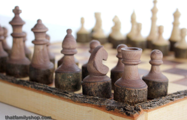 Handcrafted Chess Set with Tree Bark-thatfamilyshop.com