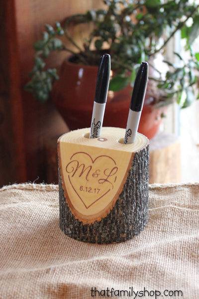 Custom Names and Date Rustic Pen Holder for Wedding Table Guest Book-thatfamilyshop.com